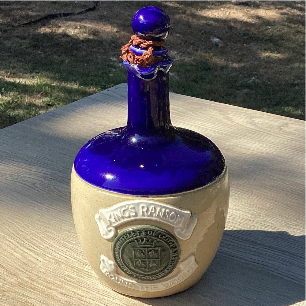 Kings Ransom Ceramic Liquor Bottle Blue Glaze Jug Stopper Engraved